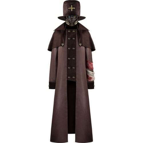Deluxe Plague Doctor Costume Cosplay Men Cursed Priest Plague Doctor Steampunk Fake Double Breasted Unisex Coat Undead Reaper