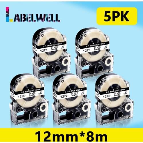 Labelwell 5Pcs 12mm SS12KW LC-4WBN9 Black on White label tapes compatible for Epson King Jim LW-300 LW-400 LW-600P Label Maker
