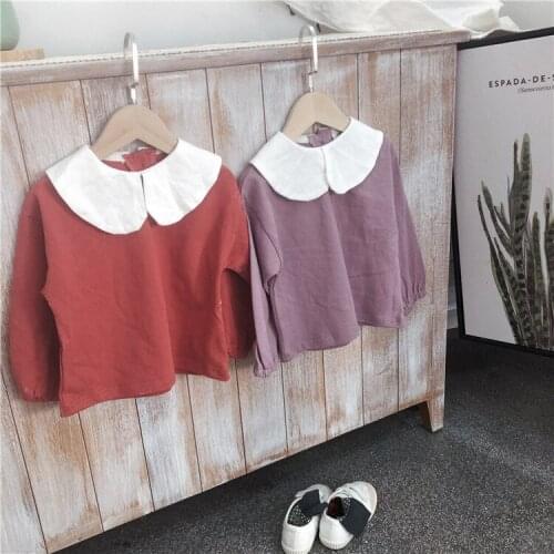 Cute Kids Doll Collar T Shirts for Girls Child Casual Solid Tees Tops Children Clothing Wholesale Baby Cotton All Match T-shirt