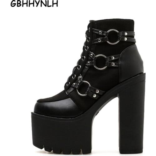 GBHHYNLH Fashion Spring Women Ankle Motorcycle Boots Platform Heels Casual Shoes Lacing Round Toe Shoes Lady fall boots LJA456