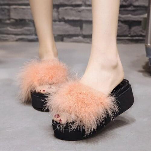 Ostrich fur platform slippers women comfortable summer furry slides muffins shoes woman fluffy slippers pantoufle femme y1033