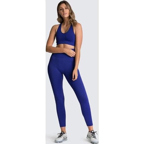 2021 New Beautiful Fitness Yoga Clothes Ladies Breathable Sports Running Tight Solid Color Seamless Net Red Two-piece Yoga Suit