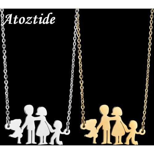 Atoztide Lovely Stainless Steel Cartoon Boy Girl Mom Dad Family Necklace Figure Parents Son Daughter Love Chain Necklace
