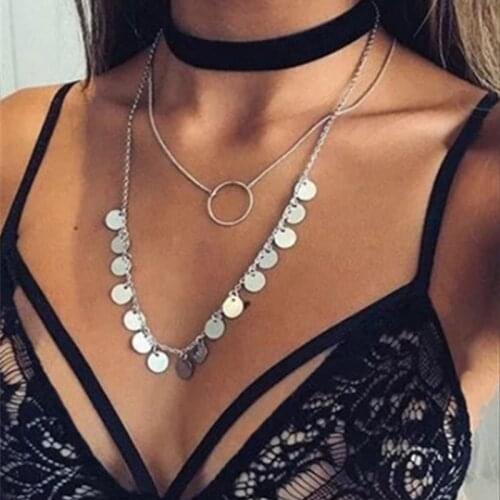 2020 New Retro Alloy Disc Tassel Pendant Necklace Trendy Simple Round Multi-layer Clavicle Chain Female Jewellery Accessories