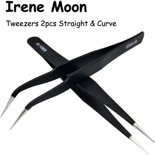 2pcs Eyelashes Tweezers Black Straight Curve Stainless Steel Eye Lashes Extension Tools Individual False Lash Grafting Supplies