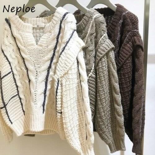 Neploe Panelled Twist Patchwork Pullovers Autumn Winter Japanese Style Sweet Women Sweaters 2021 Elegant V-neck Knitted Tops