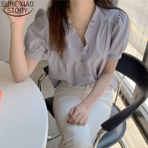 Summer Short Sleeve Button Up Shirt Women Tops New ladies Blouse Women Ins Korean Sweet Ruffles V-neck Puff Sleeve Blusas 14145