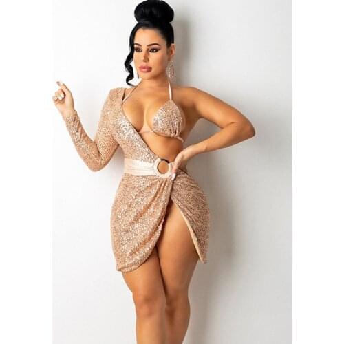 Sexy One Shoulder Sparkly Sequin Dress Women Night Party Glitter Club Bodycon Mini Dress Elegant Irregular Christmas Dress Robe