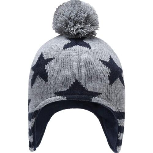 Winter Hat Boy Earflap Knit Beanie With Pompom Warm Fleece Autumn Stars Skiing Outdoor Accessory Toddler Baby