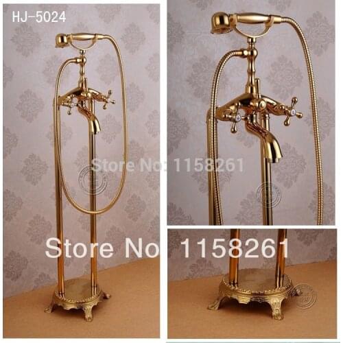Bathtub Faucets Gold Brass Bathroom Shower Faucet Rain Hand Shower Floor Stand Telephone Luxury Bath Tub Mixer Tap Set