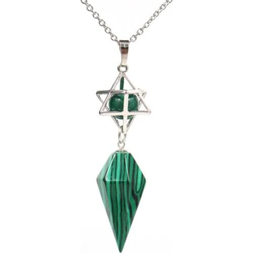 FYJS Unique Silver Plated Merkaba Star Point Malachite Stone Pendant Pyramid Necklace Rock Crystal Jewelry