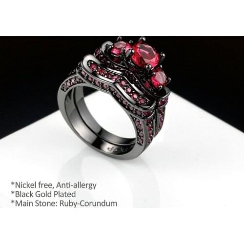 2 Pcs/Set Retro Black Inilaid Red Crystal Zircon Rhinestone Female Ring Set for Women Party Jewelry Accessories Size 6-10