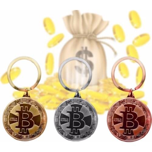 Free shipping 9pcs/lot,Gold Plated Bitcoin Coin Key chain Collectible BitCoin Art Collection Gift Physical