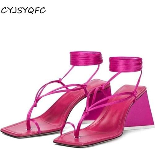 CYJSYQFC Fashion Satin Cross Strap Roman Sandals For Women Square Toe Slip On Strange High Heels Flip Flops Party Wedding Shoes