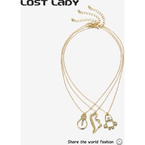 Lost Lady Fashion Hollow Dinosaur Bulb Pendants Necklaces Cute Gold Chain Necklaces for Women Man Best Friend Gift Party Jewelry