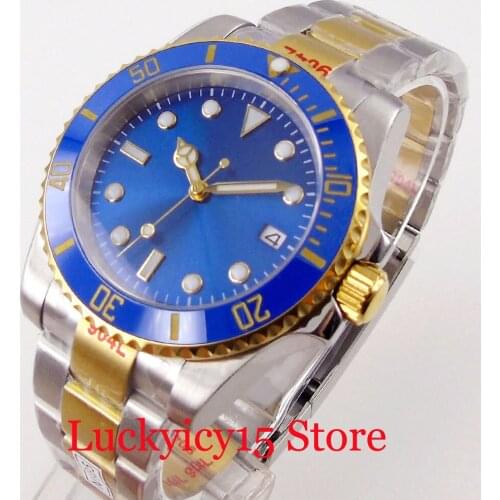 BLIGER Sterile Blue Sunburst Two Tone Gold 40mm Automatic Men Watch 24 Jewels NH35A Date Window Oyster Strap No Cyclop
