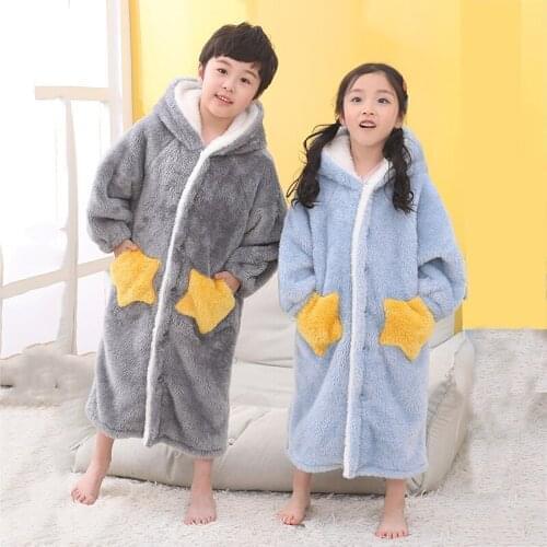Kids Flannel Bathrobe Shower Girls Coral Fleece Pajamas Sleepwear Baby Boys Winter Hooded Towel Robes TeensPajamas WarmNightgown