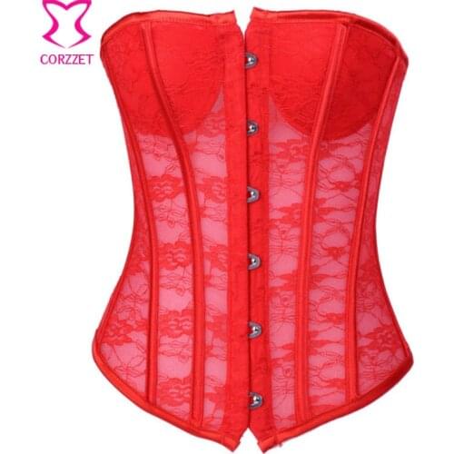 Red Transparent Floral Lace Padded Push Up Bustier Top Women Corset Sexy Lingerie Gothic Clothing Korse Espartilhos E Corpetes