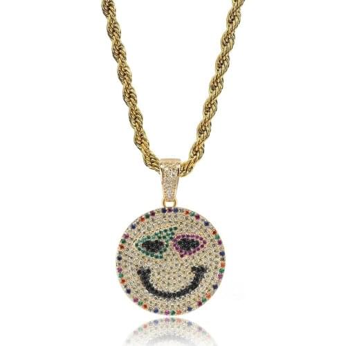 Smiley Pendant & Necklace 18k Gold Plated Lab Diamond Iced Out Chain Bling Fashion Hip Hop Jewelry