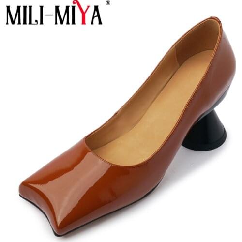 MILI-MIYA Special Design Pumps High Quality Patent Leather Black Shallow Comfortable Block Strange Shaped Heel Handmade Shoes