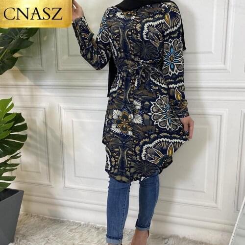 2021 Fashion Muslim clothing long sleeve print shirts blouse for women Pakistan Blouse split Hem Tops
