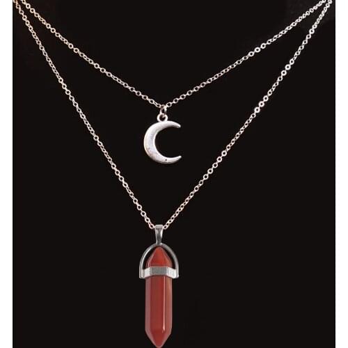 Charm Natural Stone Crystal Pendant Silver Double Moon Hexagonal Pillar Shape Fashion Necklace Exquisite Jewelry Accessories