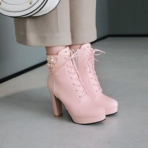 PXELENA Hot Fashion Lace Up High Heels Ankle Boots Women Flower Round Toe Boots Female Shoes Party Office Work Plus Size