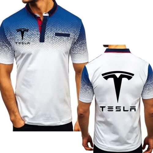 New in 2021 Summer Mens Polo shirt Tesla Car Logo Printed High Quality Cotton Gradient casual Mens Short sleeve