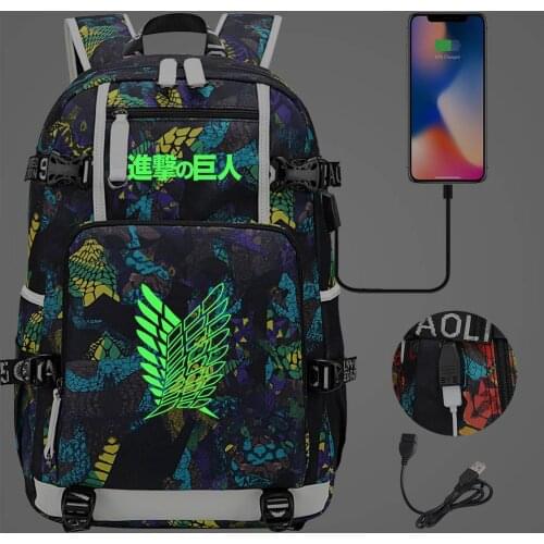 New Boys Girls Kids School Bag Luminous Attack On Titan Prints Women USB Laptop Backpack Canvas Men Bagpack Packsack Bookbag