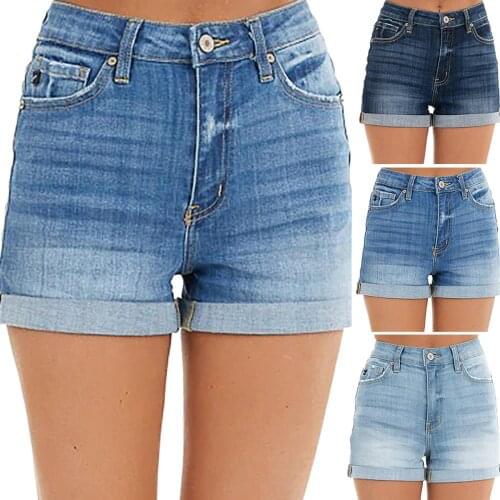 Comfortable womens curled high waist solid color straight casual jeans shorts womens casual fashion 2021 summer new trend hot