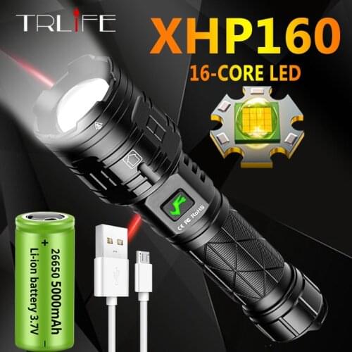 16 Cores XHP160 LED Flashlight Powerful Rechargeable Tactical Flashlight 5800LM Zoom IPX5 Waterproof Outdoor Lighting Power Bank
