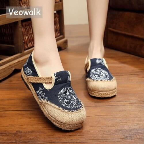 Veowalk Handmade Thailand Totem Embroidery Women Casual Linen Cotton Loafers Navy Slip on Retro Ladies Flat Sneakers Shoes