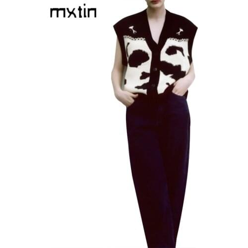 2021 Women Vintage Animal Pattern Cardigan Knitted Vest Sweater V Neck Sleeveless Waistcoat Chic Casual Pulls Femme Tops