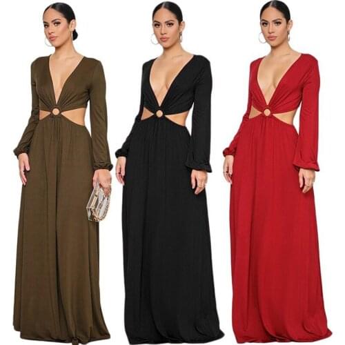 Women Fashion Solid Long Maxi Dress Autumn Long Sleeve Hollow Out Deep V Neck Backless Sexy Evening Party Floor Length Vestido