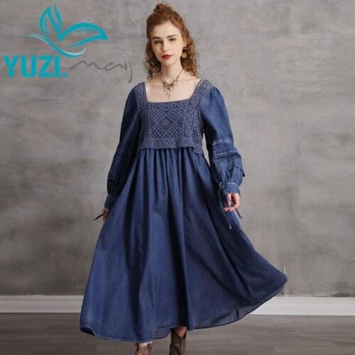 Woman Dress 2021 Yuzi.may Boho New Denim Women Dresses Square Collar Hollow Out Patchwork Loose Combo Vestidos A82280 Vestido