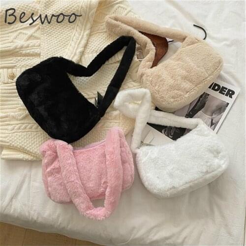 Winter Plush Handbags for Women Simple Design Furry Female Bag Fashion Autumn Underarm Bag Ins Cute Solid Shoulder Bag Baguette