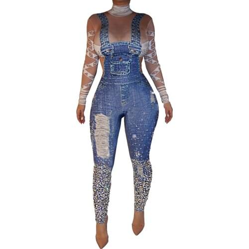 2020 Fashion Women Jumpsuit Stand Collar 3D Printing Fake Two Pieces Skinny Denim Overalls Bandage Jumpsuit Plus Size