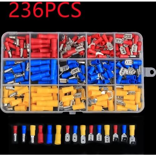 236PCS Insulated Cable Connector Spade Bullet Piggyback Wire Crimp Terminals Electrical Wire Connector Assortment Kit AWG22-10