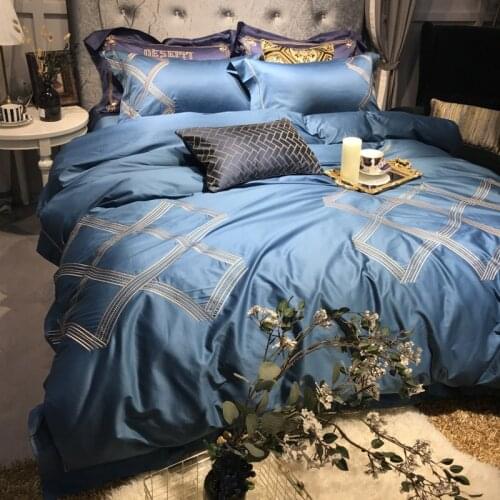 4pcs Queen King Luxury Royal Wedding Bedding sets blue 120S Egyptian cotton Embroidery Boho Duvet cover Bed sheet set Pillowcase