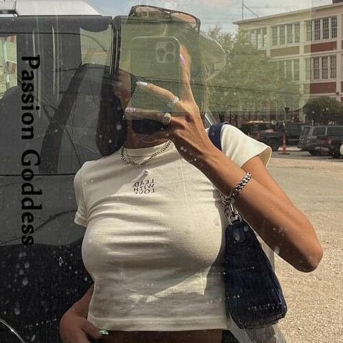 Sexy Cute Women Letter Printed Crop Shirts Short Sleeve White Cotton Slim T Shirts Summer Basic Y2K Style Cropped Tops Tees 2021