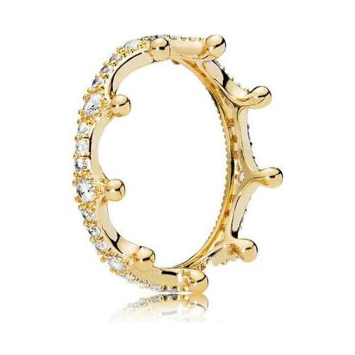 925 Sterling Silver Pan Ring Golden Enchanted Crown With Crystal Rings For Women Wedding Party Gift Diy Fashion Jewelry