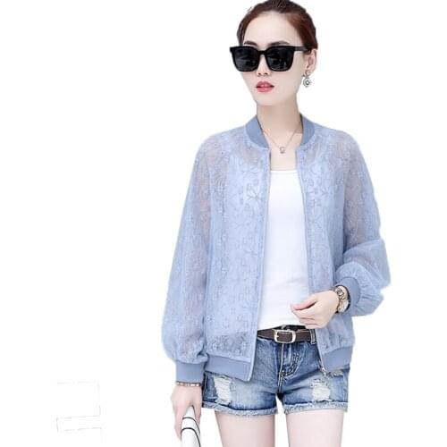 Fashion Womens Jacket 2020 Summer Autumn Breathable Thin Coat Short Zipper Lace Casual Sun Protection Clothing Plus Size 3XL