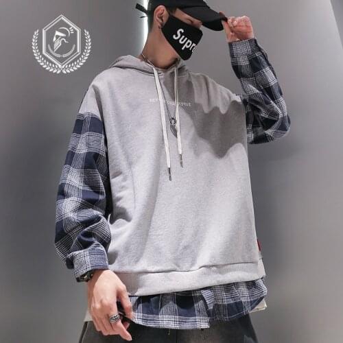 Men Fashion Loose Plaid Print Casual Patchwork Pullover Hip Hop Sweatshirts with Hoodie