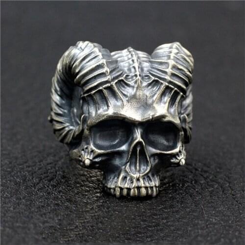 925 Sterling Silver High Detail Satans horn skull Ring Mens Biker Punk Ring Jewelry A5325