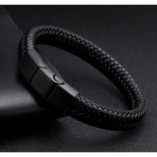 Punk Men Jewelry Black Braided Genuine Leather Bracelet Stainless Steel Magnetic Clasp Chain Link Charm Fashion Male Bangles