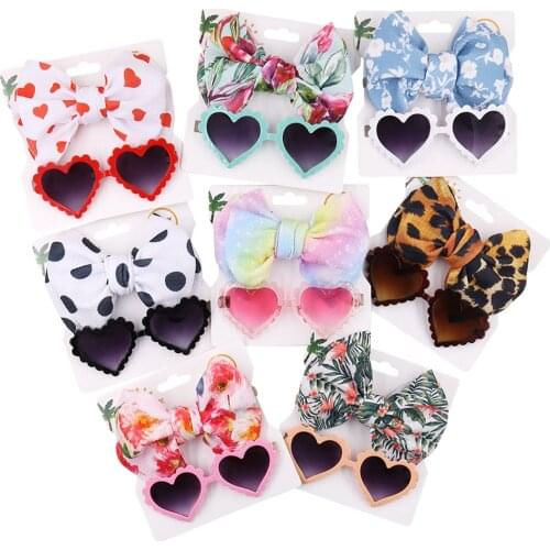 FOCUSNORM 8 Colors Lovely Kids Girls Boys Headband 2pcs/Sets Floral Print Bowknot Hairband+ Heart-Shaped Sunglasses