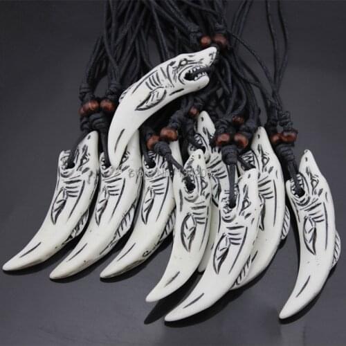 Wholesale 12pcs Faux Yak Bone Resin Carved White Shark Tooth Pendant Choker Necklace For Men Women Surf Gift MN143