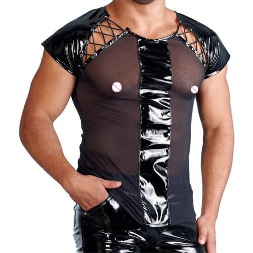 Sexy boys fashion black bright color PU bandage mesh tights nightclub stage show tights hollow cool Gothic mesh T-shirt