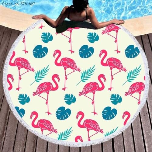 Pink Birds Large Round Beach Towel Flamingo Quicksand Pattern Microfiber Shower Animals Bath Towel Swimming Cover Yoga Mat