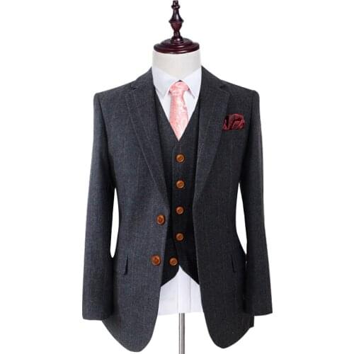 Wool Black Herringbone Tweed Man Suits Tailor Wedding Suits for men Retro gentleman style Custom made mens suit 3 Pieces
